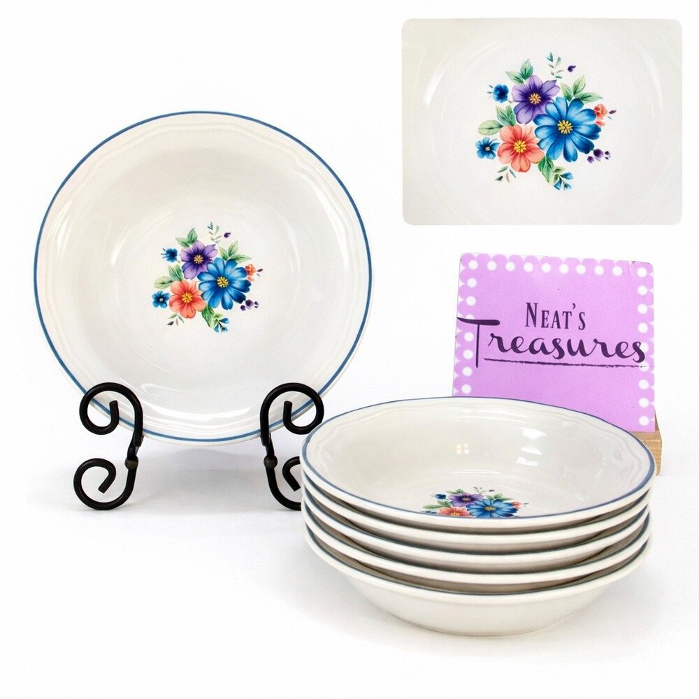 80's JMP Marketing PROVINCIAL BOUQUET Flowers Stoneware Fruit Dessert Bowl Set 6
